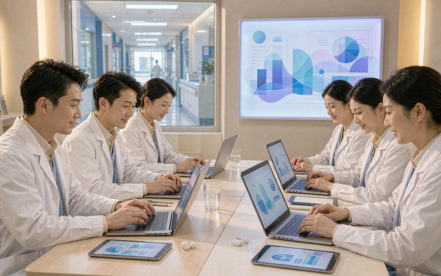 医护人员在医院培训教室使用平板和电脑进行三基三严在线考试学习